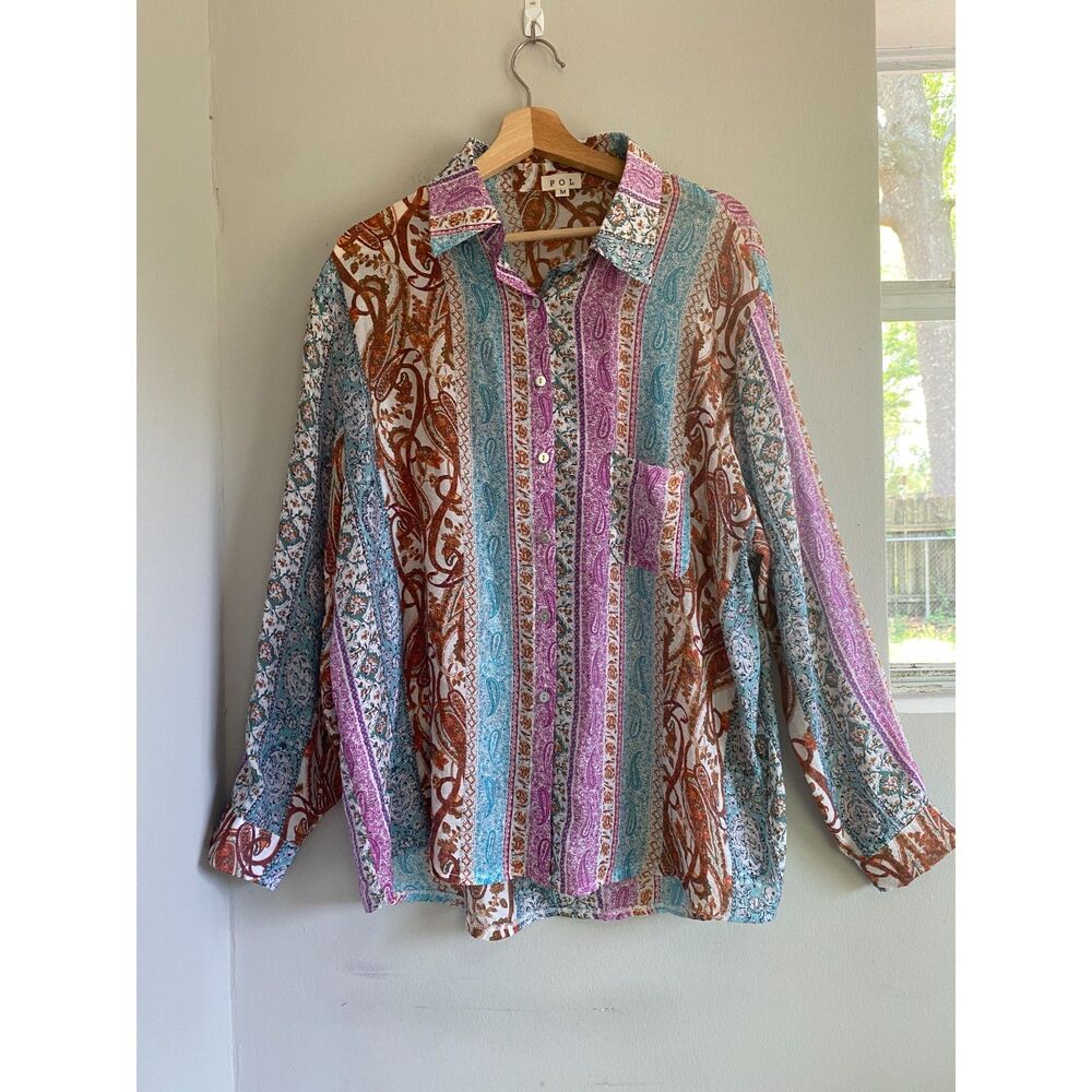 POL Women's Medium Mixed Paisley & Stripe Button-Down Shirt in Blue, Brown, Pink